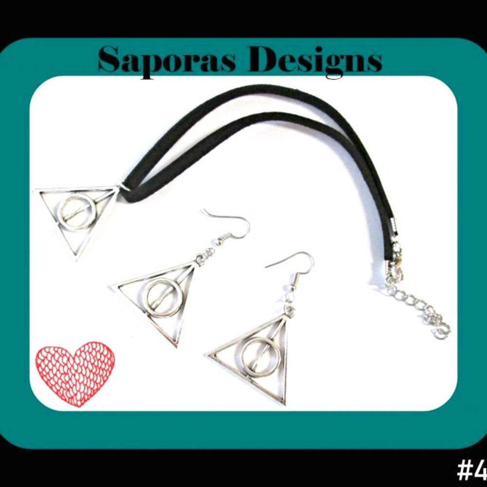 Harry Potter Deathly Hallows Theme Leather Choker Necklace & Dangle Earrings Set